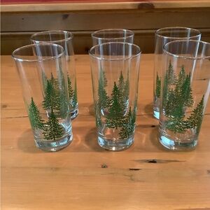 Crate&Barrel Green Pine Tree Tumbler Glasses Set OF 6. NEW. 16 Oz. 7” tall.